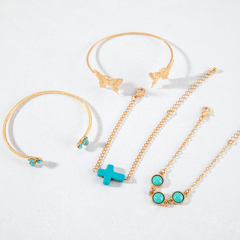 Wholesale Bohemian turquoise bracelet suit exaggerated butterfly turquoise bracelet multi-piece set